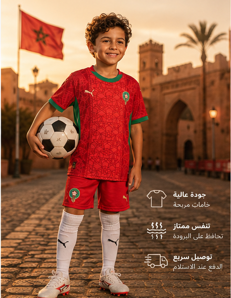 طقم أسود الأطلس الرسمي للأطفال 2026 | فخر المغرب في كل مباراة